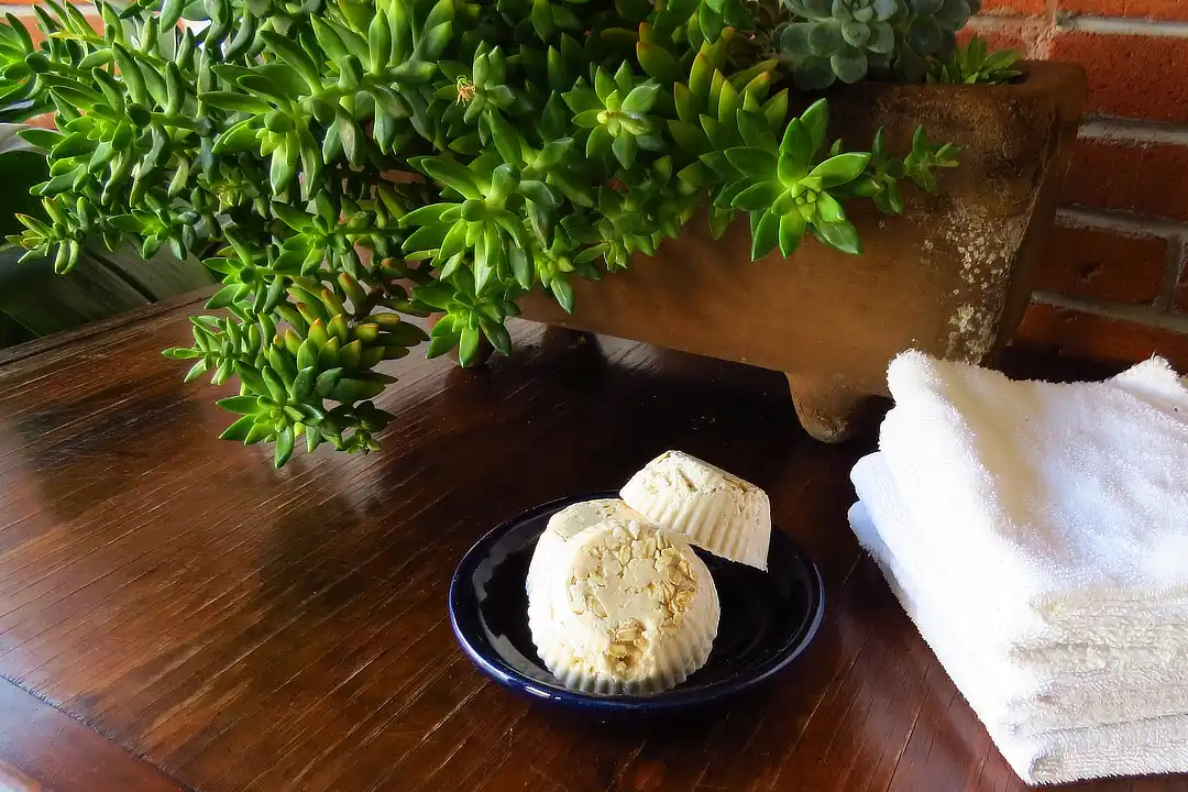 Fotografía de producto (bodegon). Fotografía de shampoo sólido en jabonera artesanal, con toallas de baño y de adorno una suculenta.
